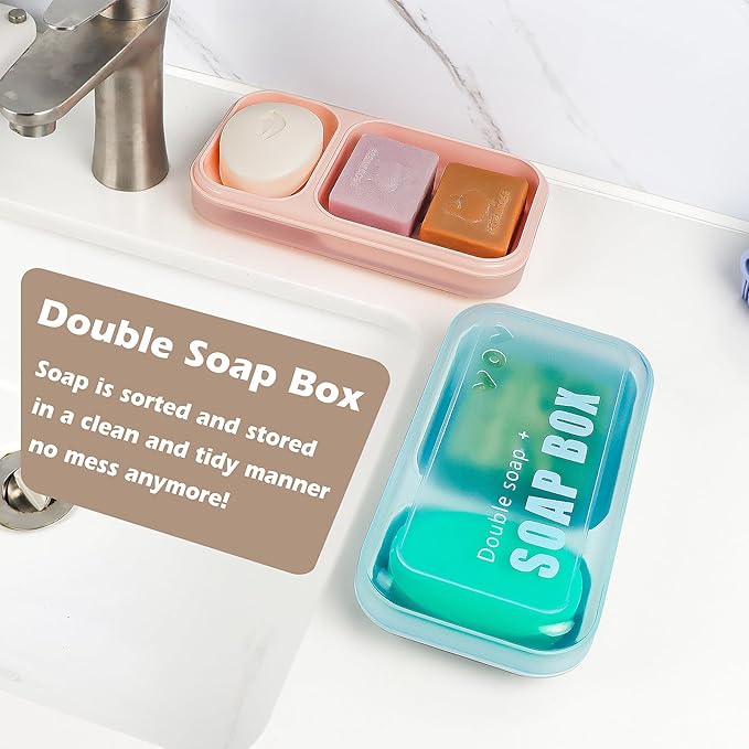 AIDIMMING Large Dual Compartment Soap Dish with Lid & Drain Holes | Large Capacity Shower Organizer, Non-Slip Bathroom Soap Holder for 2 Bars - Durable PP Plastic, Prevents Melting (Pink)