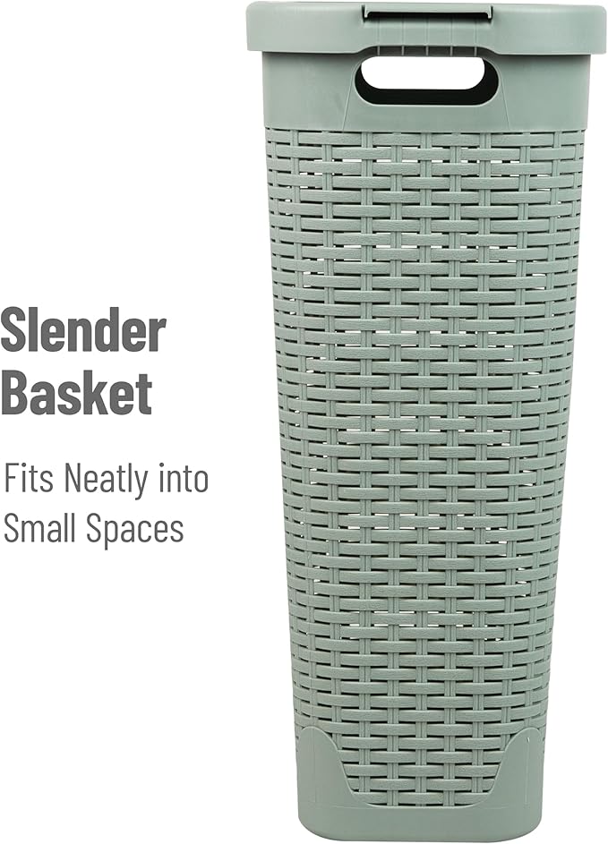Mind Reader Slim Laundry Hamper with Lid, 40L Clothes Basket, Narrow Tapered Design with Ventilated Cutout Pattern, Plastic, Mint