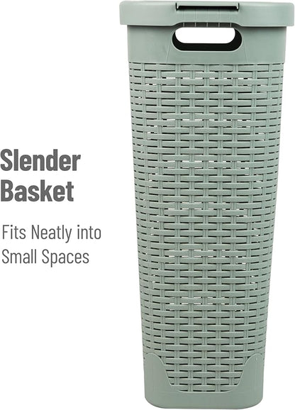 Mind Reader Slim Laundry Hamper with Lid, 40L Clothes Basket, Narrow Tapered Design with Ventilated Cutout Pattern, Plastic, Mint