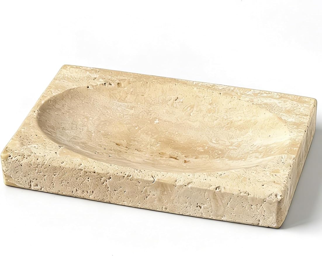 Marble Soap Dish for Shower - Stone Soap Tray Holder, Natural Soap Bar Holder Countertop Caddy, Marble Bathroom Accessories (Beige Travertine)