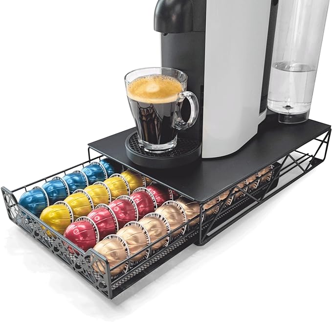 RECAPS Coffee Pod Holder Pod Drawer Storage Pods Holder Coffee Capsules Kitchen Organizer Compatible with Vertuoline Vertuo Stores 40 Capsules Black Color
