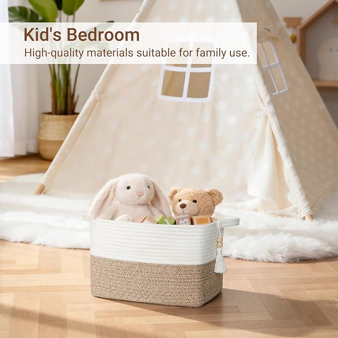 Mkono Woven Storage Basket, Cube Cotton Rope Basket for Shelves, Clothes, Toys, Towels, Books, Rectangle Bin with Handles for Organizing, Decorative Gift, 13'' x 10'' x 9'', Brown and White (1 Pack)