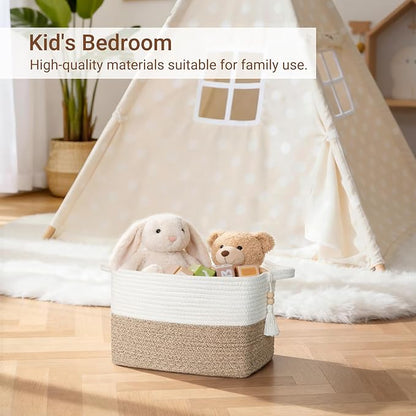 Mkono Woven Storage Basket, Cube Cotton Rope Basket for Shelves, Clothes, Toys, Towels, Books, Rectangle Bin with Handles for Organizing, Decorative Gift, 13'' x 10'' x 9'', Brown and White (1 Pack)