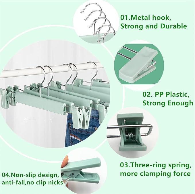 10 Pack Skirt Hangers，Pants Hangers with Clips，360 ° Swivel Hooks Space Saving Hangers for Pants, Skirts, Clothes, Jeans，Light Green