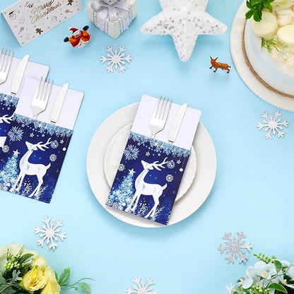 50pcs Christmas Utensil Holder Blue Xmas Deer Flatware Tableware Holder Bags Disposable Winter Knifes Forks Silverware Bags for Christmas Party Table Decoration Supplies