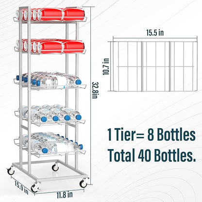 Water Bottle Organizer 5 Tier Water Bottle Holder Freestanding Storage Rack with Wheels Soda Can Organizer Shelf Stand for Floor Pantry Kitchen Classroom Food Storage, Black