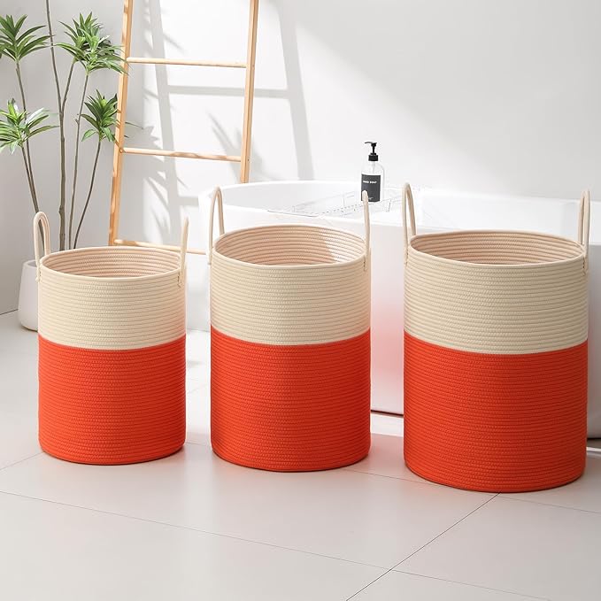 Woven Laundry Hamper Tall Rope Storage Basket for Blanket oys Dirty Clothes in Living Room Bathroom Bedroom (White&Orange, 60L/15.8Gal)