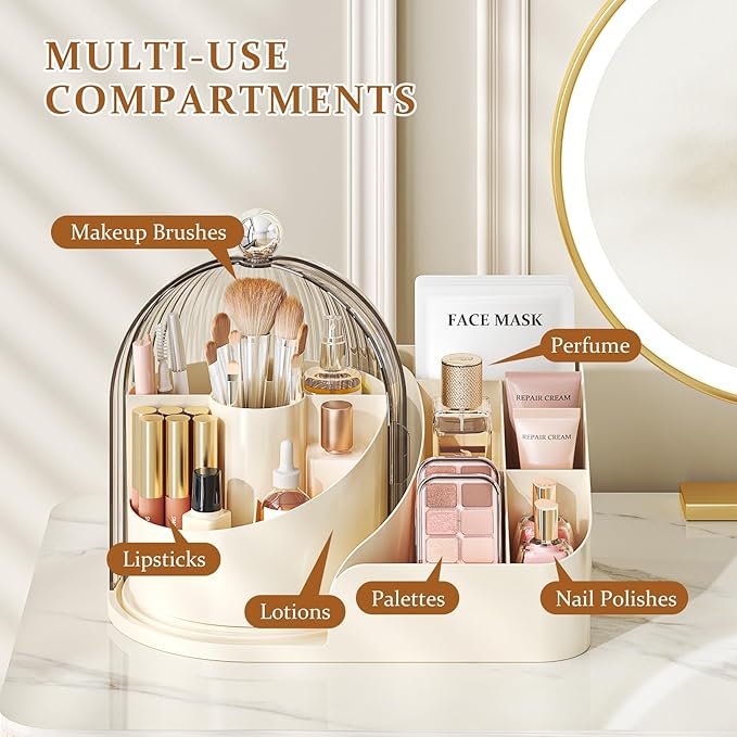 360 Rotating Makeup Organizer with Clear Dust Lid, Multi-compartment Perfume & Makeup Brush Holder, Large Capacity Vanity Desk Storage for Cosmetics, Skincare, Kitchen, Pantry, Bathroom Countertop