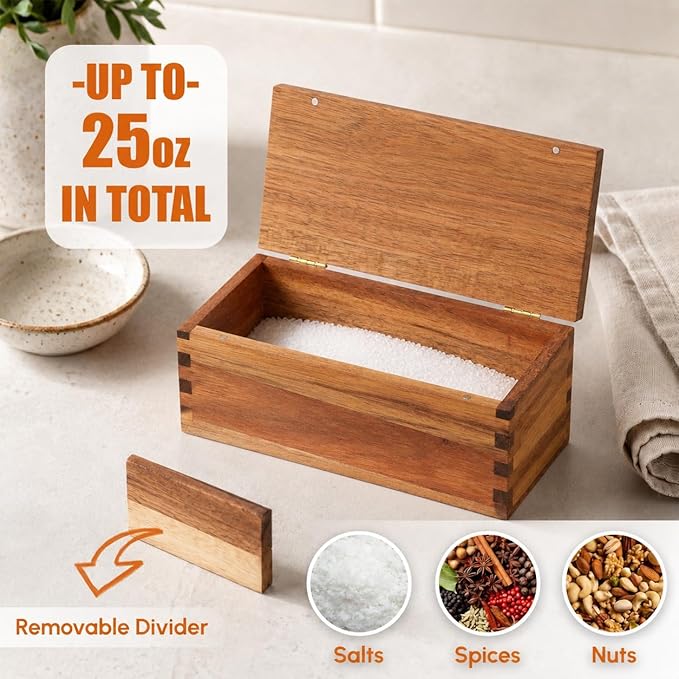 Vespara Acacia Wood Salt Cellar Spice Box with Flip Lid Storage, Large Capacity Salt Box for Kitchen, Gourmet Salts, Spices, Grilling & Cooking(2 natural)