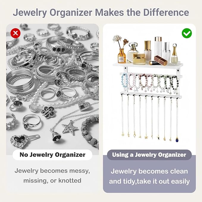 Emfogo Necklace Holder, Necklace Organizer Wall Mount Upgraded Oversized, 19 Hooks for Bracelet Necklace Storage Hanging, Jewelry Organizer Tray & Cosmetic Shelf
