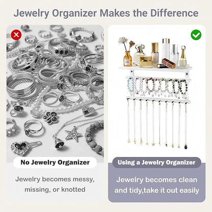 Emfogo Necklace Holder, Necklace Organizer Wall Mount Upgraded Oversized, 19 Hooks for Bracelet Necklace Storage Hanging, Jewelry Organizer Tray & Cosmetic Shelf