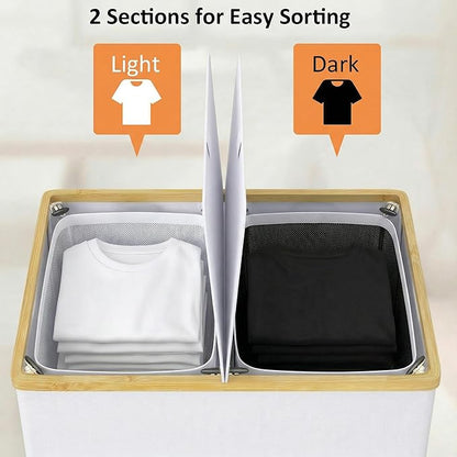efluky Laundry Hamper with Lid, Double Laundry Basket with 2 Removable Bags, 2 Section Laundry Bin with Bamboo Handles for Bathroom, Bedroom & Laundry Room, 140L (36.9 Gallon) White