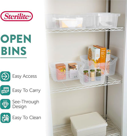 Sterilite 5.25x9.5x13 In Medium Polished Open Scoop Front Storage Bin w/Comfortable Carry Through Handles for Household Organization, Clear (32 Pack)