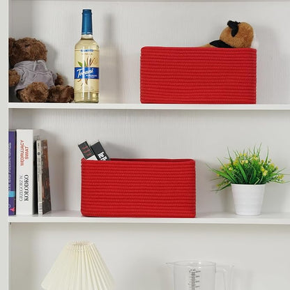 3-Pack Small Storage Baskets for Organizing | Woven Shelf Toy Basket | Rope Baskets for Gifts Empty | Closet Organizer Bins with Handles | Cube Decorative Box | 11.8×7.8×5.1” | Christmas Red