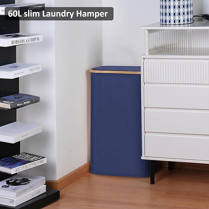 Slim Laundry Basket,60L Laundry Hamper with Lid, Tall Hamper for Laundry,Dirty Cloth Hamper with Bamboo Handle for Toys,Towels, Clothes Organizing, Navy Blue