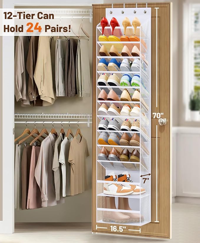 MISSLO 12 Tier Over the Door Shoe Organizer and 36 Pairs Clear Over the Door Shoe Organizer