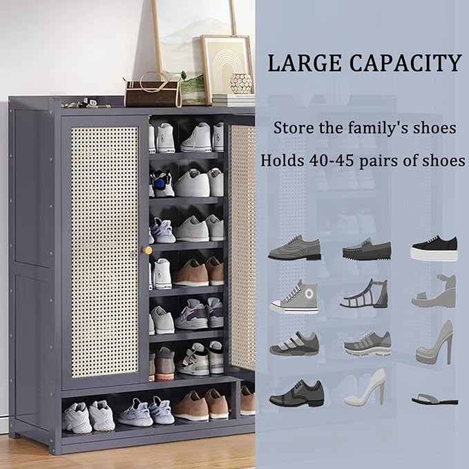 8 Tier Bamboo Shoe Cabinet with Doors, 38-42 Pairs Shoe Rack for Closet, Shoe Storage Cabinet for Hallway Living Room Office(Grey)