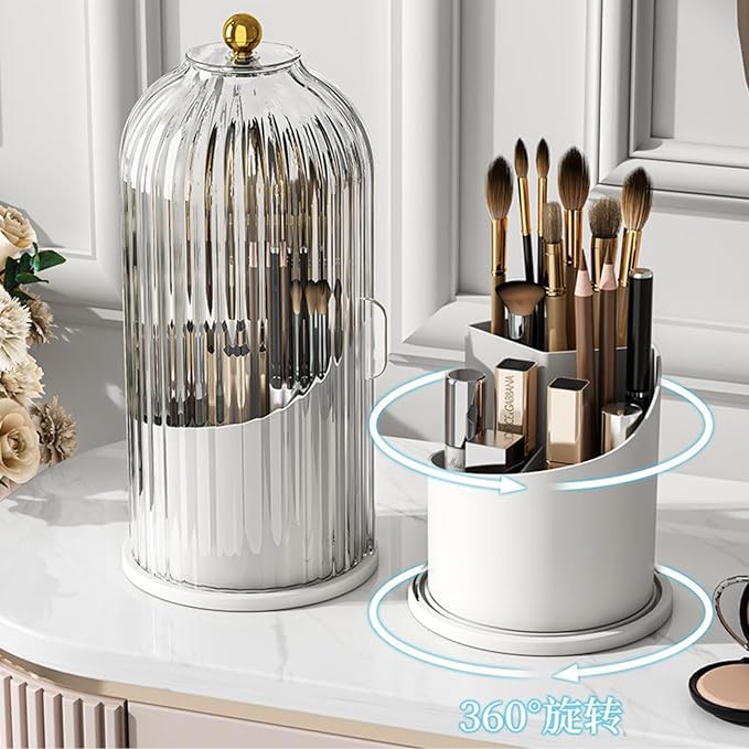 Rotating Toothbrush and Makeup Brush Holder Organizer with Sliding Lid - 3 Slots, 360° Rotating Bathroom Countertop Organizer, Toothbrush and Toothpaste Stand, Sink and Vanity Storage Caddy (White)