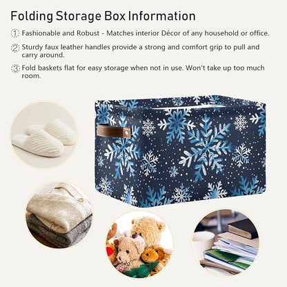 Large Storage Basket Watercolor Blue Snowflakes Christmas Storage Bin Cube Canvas Fabric Organizer Handles Collapsible for Clothes Toys Bedroom Decorative
