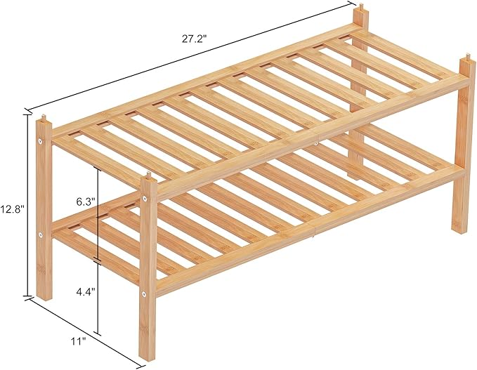 Dranixly Shoe Rack, 2-Tier Bamboo Stackable Shelf Storage Organizer, Stand for Closet, Entryway, Hallway, Bathroom and Living Room（Natural）