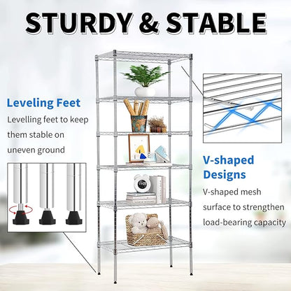 Metal Shelving Unit Detachable Storage Rack with 8 Leveling Feet Adjustable Storage Shelves Wire Shelves for Storage Kitchen Garage, 900LB Capacity, 59" H x 23" L x 13" D, Chrome