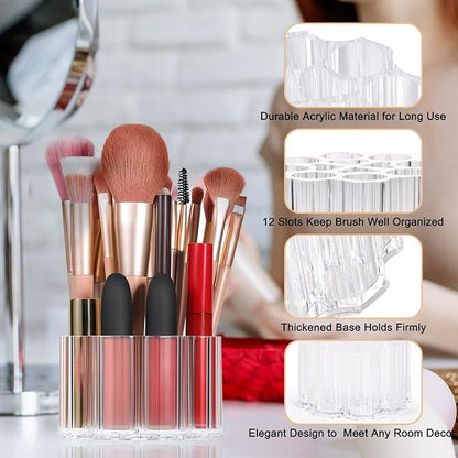 Divided Makeup Brush Organizer 12 Deep Slots Clear Acrylic Cosmetic Brushes Holder and Storage for Eye lines Pencils Toothbrush Lipstick on Bathroom Vanity Bedroom Countertop