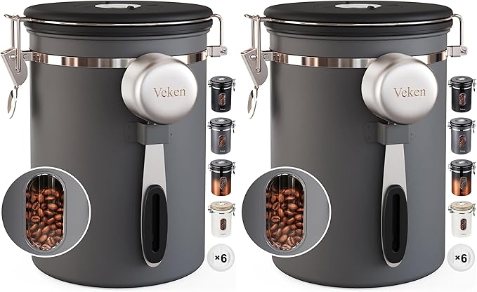 Veken Coffee Canister with Window,Airtight Stainless Steel Kitchen Food Storage Container, Date Tracker & Scoop for Grounds Coffee, Beans, Tea, Flour, Cereal,Sugar,22OZ,Grey (Pack of 2)