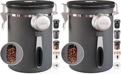 Veken Coffee Canister with Window,Airtight Stainless Steel Kitchen Food Storage Container, Date Tracker & Scoop for Grounds Coffee, Beans, Tea, Flour, Cereal,Sugar,22OZ,Grey (Pack of 2)