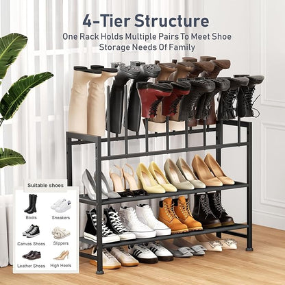 DIMJ Boot Rack 4-Tier - Black Metal Boot Storage Rack for Tall Boots Organizer Tall Boots, Multiuse Shoe Rack for Boots, Sneakers, High-Heel, Entryway, Fits 8 Pairs