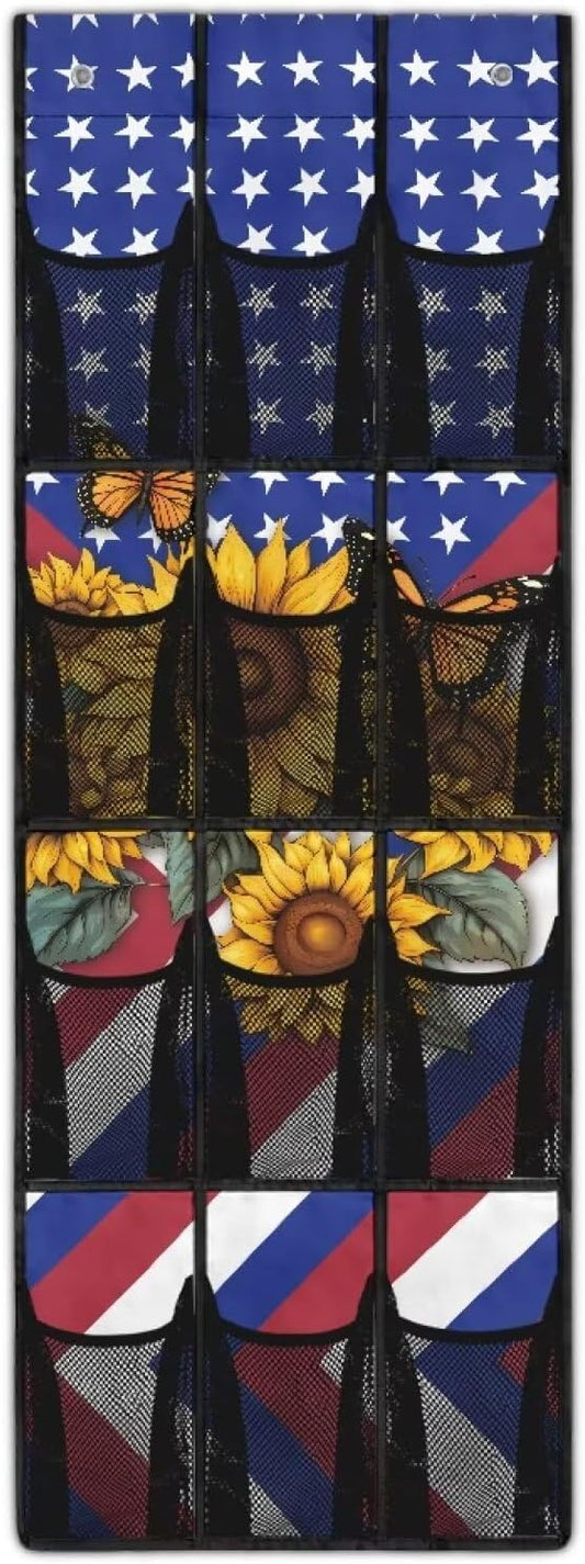 12-Pocket Hanging Storage Bag Behind the Door, Over the Door Organizer Space Saving Storage for Bedroom Closet or College Dorm, American Flag Sunflower