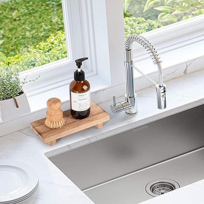 Bathroom Tray Farmhouse Decor Pedestal Stand Wood Riser Display Kitchen Accessories Soap Holder for Sink, Counter, Vanity, 8.7 * 3.6 Brown