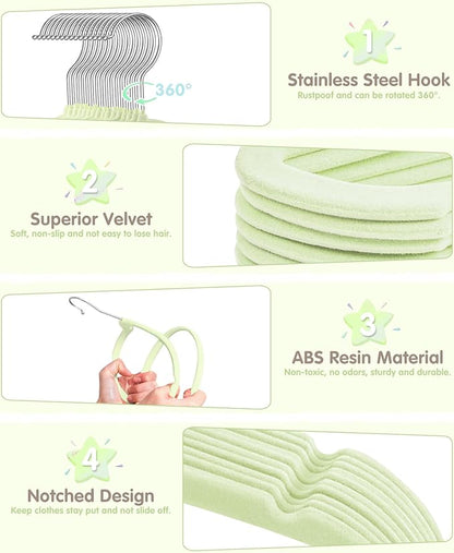 VIS'V Baby Hangers, 11 Inch Velvet Kids Hangers with 6 Pcs Clothes Size Dividers, Infant Toddler Nursery Closet Organization, Non Slip, Lime Green, 50 Pcs