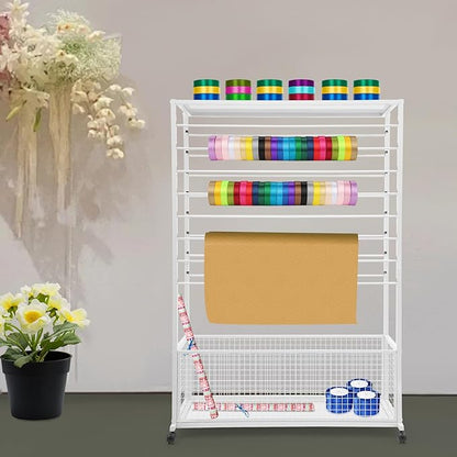 16-Tier Double-Sided Ribbon Holder Organizer Rack with Storage Basket & Wheels, Multifunctional Flower Wrapping Paper Display Stand for Craft Rooms, Flower Shops (White, 39.37''W x 12.6''D x 59.06''H)