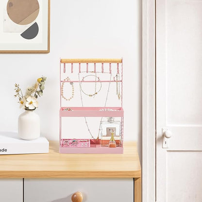 Lolalet 4-Tier Jewelry Organizer Stand with 12 Hooks, Necklace Bracelet Ring & Sunglasses Holder, Cute Metal Jewelry Storage Rack for Vanity, Dresser or Entryway, No Assembly -Pink