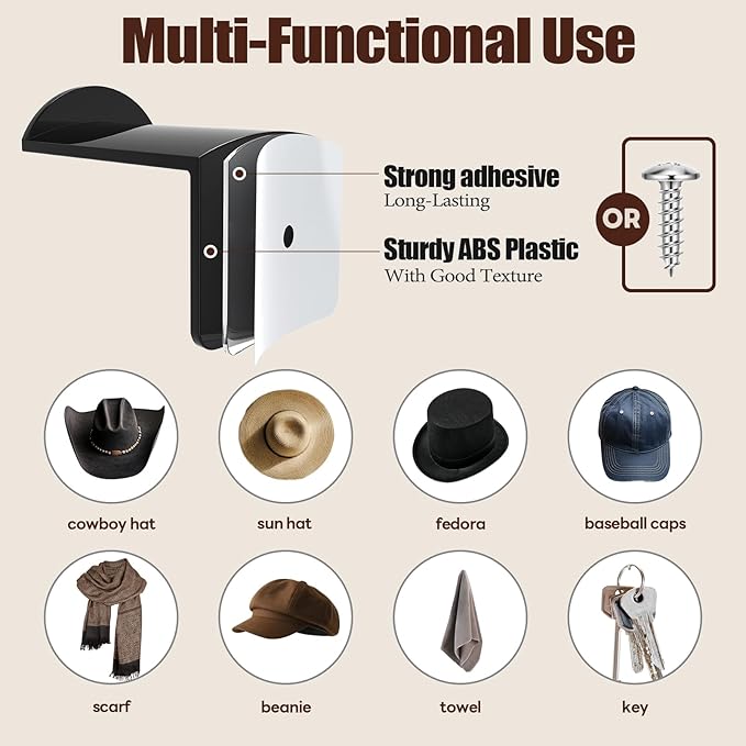 Aoodaily 2.8 Inch Hat Hooks for Wall - (16 Pack) Cowboy Hat Rack, Strong Adhesive Cap Holder, Organizer for Baseball Caps, Western Room Decor - Black