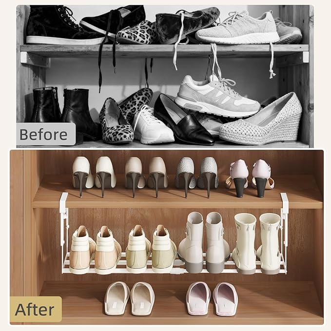 Expandable Shoe Rack Organizer for Cabinet, Adjustable Hanging Under Shelf Storage, Sturdy Round Tube Design, Space Saving Shoe Shelf for Closet, Entryway, Laundry Room, White