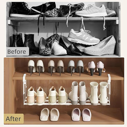 Expandable Shoe Rack Organizer for Cabinet, Adjustable Hanging Under Shelf Storage, Sturdy Round Tube Design, Space Saving Shoe Shelf for Closet, Entryway, Laundry Room, White