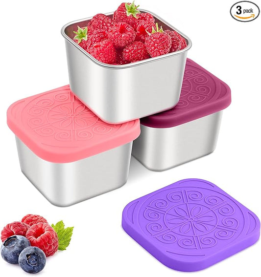 Qukaka Stainless Steel Snack Containers for Kids,7.2oz Easy Open Leak Proof Reusable Snack Box Container with Lids,Small Lunch Containers for Meal Prep,School,Picnic and Travel-3Pack