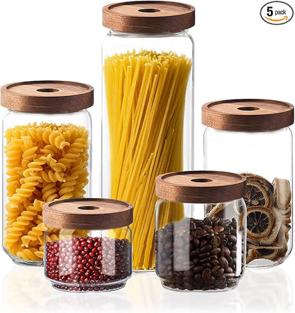 Glass Jars with Airtight Wood Lids - Small Large Kitchen Pantry Storage Containers, Canisters for Spaghetti, Noodles, Pasta, Ground Coffee, Sugar, Cereal, Spice, Salt, Salad, Matcha, Set of 5