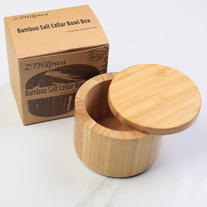 Salt Cellar with Magnetic Swivel Lid, Rustic Bamboo Salt Box for Kitchen for Seasonings/Spices/Candies, Salt Container for All Kinds of Spices/Nuts/Craft Materials, 8.0 Ounce Capacity (1Cup)