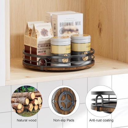 LAMU 9'' Lazy Susan Turntable Organizer for Cabinet, Round Wood Lazy Susan for Table Top, Kitchen, Countertop, Pantry, Spice, Bathroom Vanity, Coffee, Farmhouse Decor