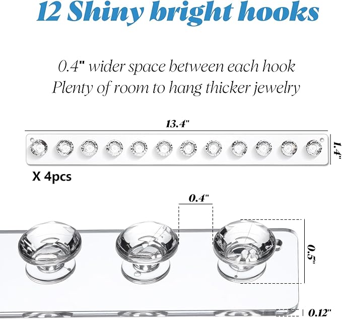 4-Pack Acrylic Necklace Holder, Necklace Hanger Wall Mount, Diamond Shape Jewelry Organizer with 12 Hooks for Necklaces, Bracelets, Chains - Clear Crystal Display Rack for Women