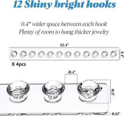 4-Pack Acrylic Necklace Holder, Necklace Hanger Wall Mount, Diamond Shape Jewelry Organizer with 12 Hooks for Necklaces, Bracelets, Chains - Clear Crystal Display Rack for Women