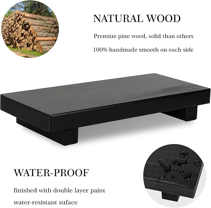 Bathroom Counter Organizer Wood Pedestal Stand Farmhouse Decorative Tray Soap Holder for Kitchen Decor, Large 10" x 4.5" - Black