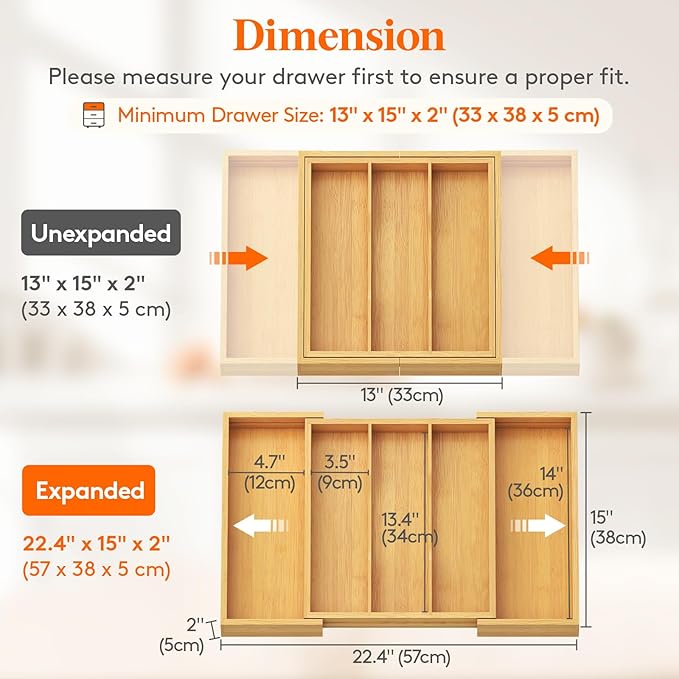 Lifewit Utensil Organizer for Kitchen Drawer, Expandable Cooking Utensil Tray, Cutlery Silverware Flatware Holder, Wood Adjustable Spatula Tools Storage Divider, 13-22x15/ 33-56x38cm, Natural
