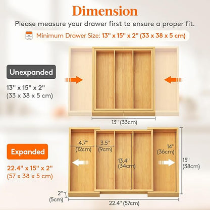 Lifewit Utensil Organizer for Kitchen Drawer, Expandable Cooking Utensil Tray, Cutlery Silverware Flatware Holder, Wood Adjustable Spatula Tools Storage Divider, 13-22x15/ 33-56x38cm, Natural