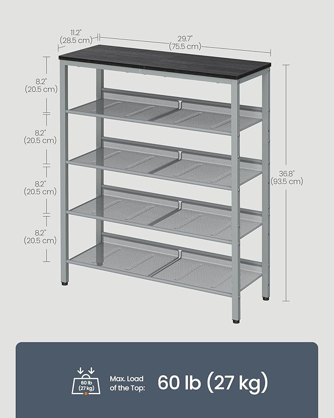 SONGMICS HOME 5 Tier Shoe Storage Organizer, Freestanding Shoe Rack, Dense Mesh, for Living Room, Bedroom, Entryway, Gray and Silver