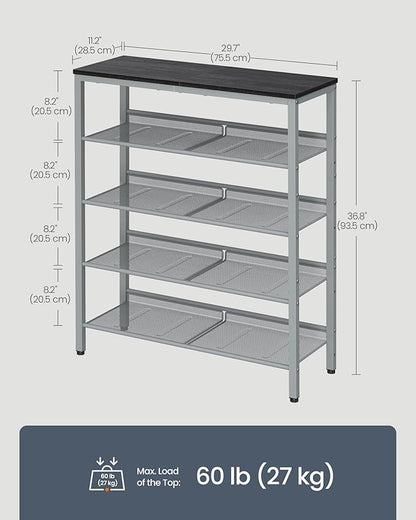 SONGMICS HOME 5 Tier Shoe Storage Organizer, Freestanding Shoe Rack, Dense Mesh, for Living Room, Bedroom, Entryway, Gray and Silver