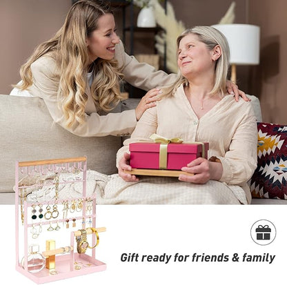 ProCase Jewelry Organizer Stand Necklace Organizer Earring Holder, 6 Tier Jewelry Stand Necklace Holder with 15 Hooks, Jewelry Tower Display Rack Storage Tree for Bracelets Earrings Rings -Pink