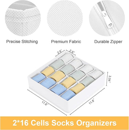 Joyoldelf Sock Drawer Organizer Divider, 16-Cell Underwear Organizers and Storage Fabric Drawer Organizer for Socks, Lingerie, Handkerchiefs, Ties Black, 2 Packs (White)